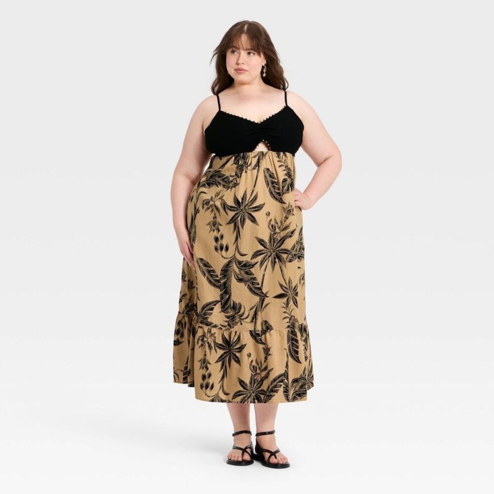 Plus Size Two-Tone Floral Midi Dress in Black and Tan